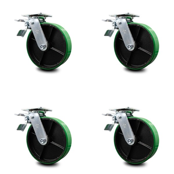 8 Inch Green Poly on Steel Caster Set with Roller Bearing and Total Lock Brake